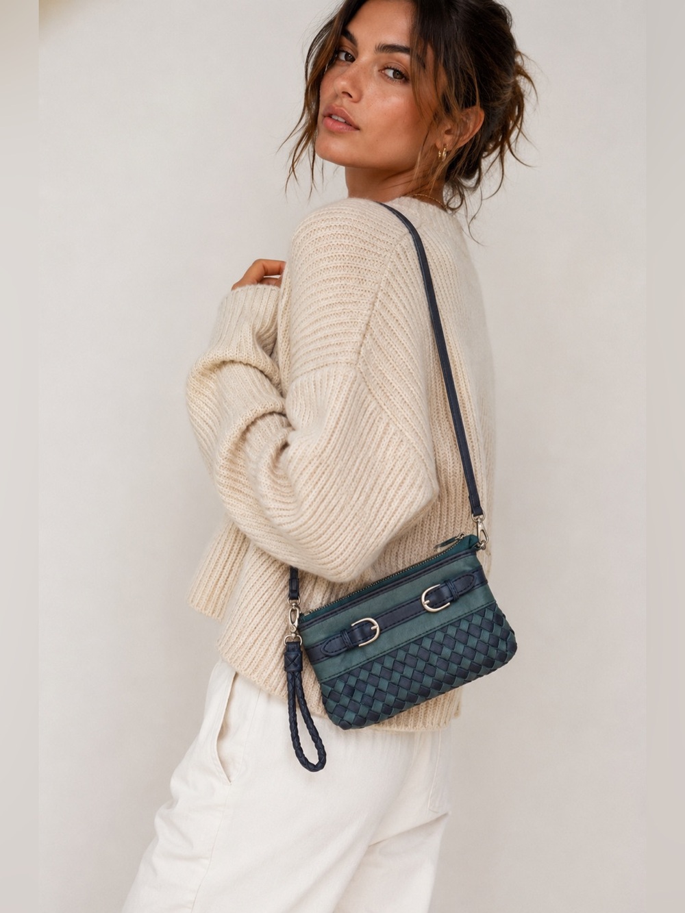 Yucca Teal Navy Woven Leather Crossbody Wristlet Convertible Mini Bag Buckle